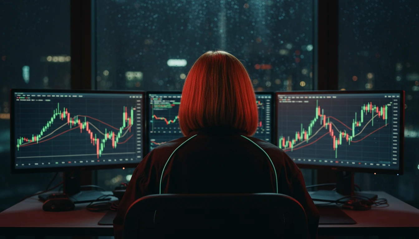 Margot seen from behind at a trading desk at night, facing four monitors of candlestick charts, rain on the window.