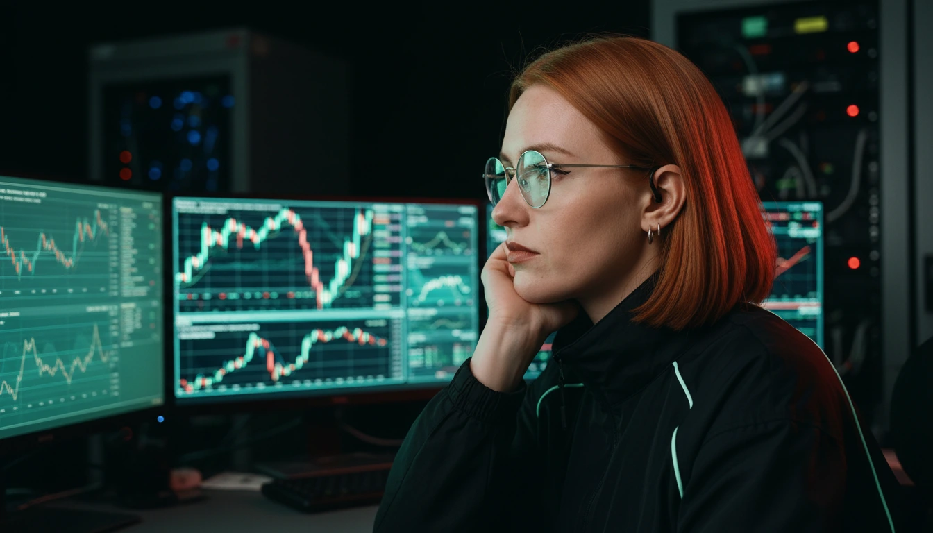 Margot in profile at a trading desk, chin on her hand, charts reflected in her mint glasses.